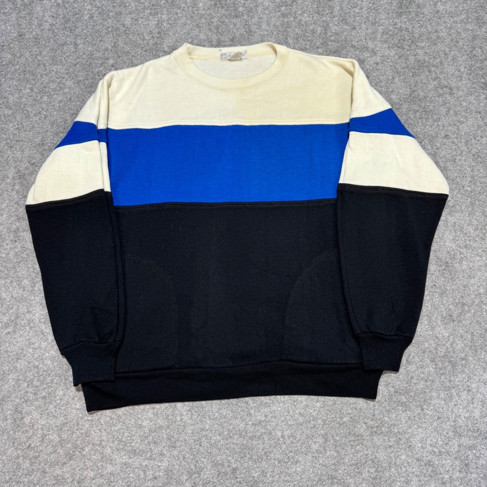 Vintage Dunlop Colorblock Crewneck Sweatshirt Large Blue Black Cream Fleece